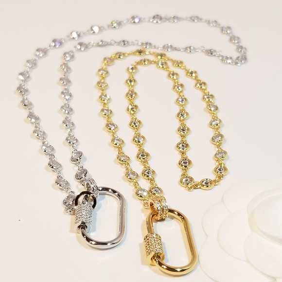 CZ Oval Carabiner Lock Pendant Charm Necklace NEW - Picture 5 of 11